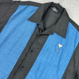 Steady Last Call Bowling Shirt Mens XL Black Blue Martini Glass Rockabilly Retro